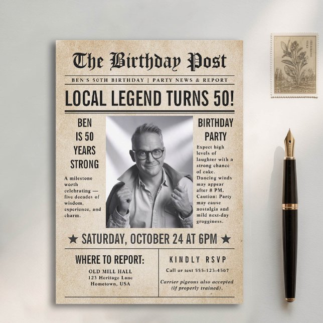 Invitación Periódico Birthday News Funny Hombres Humorísticos (50th birthday party for men invitation card photo template vintage newspaper news funny humorous)