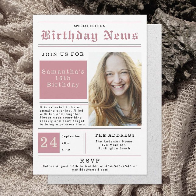 Invitación Periódico Birthday News Pink Black Sweet 16 Foto (newspaper gazette birthday news sweet 16 invitation girls pink black magazine cover elegant chic)