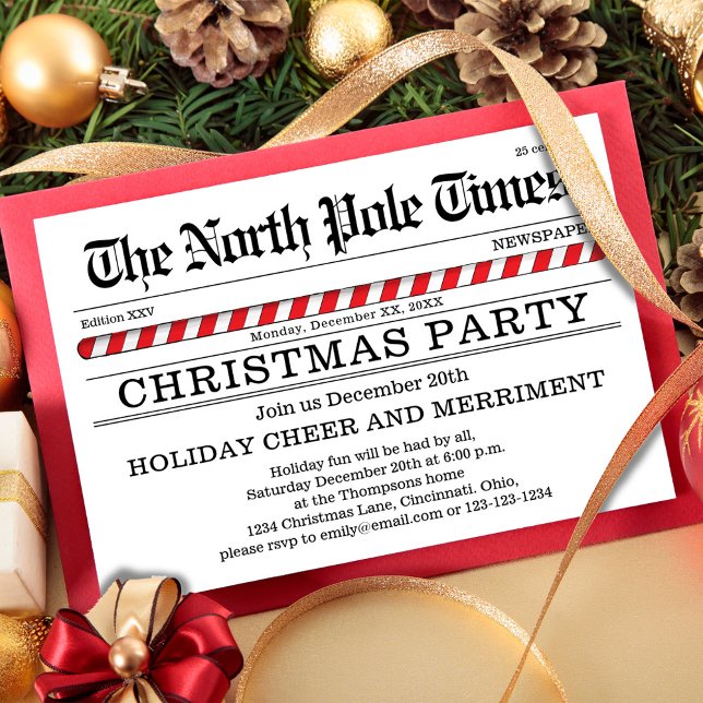 Invitación Periódico blanco y rojo Fiesta navidades (The North Pole Times Christmas party invitations. )