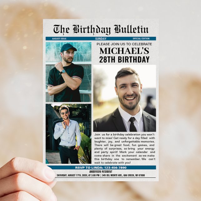 Invitación Periódico con fotos Cualquier cumpleaños de edad (Celebrate your birthday in style with a newspaper design invitation that adds fun and flair!)