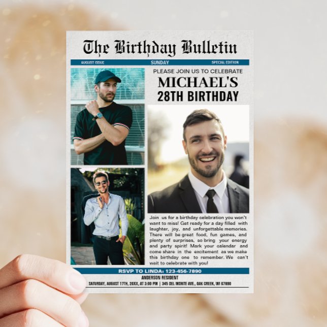 Invitación Periódico con fotos Cualquier cumpleaños de edad (Celebrate your birthday in style with a newspaper design invitation that adds fun and flair!)