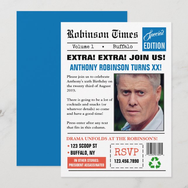 Invitación Periódico con tema de cualquier edad Fotos de cump (Anverso / Reverso)