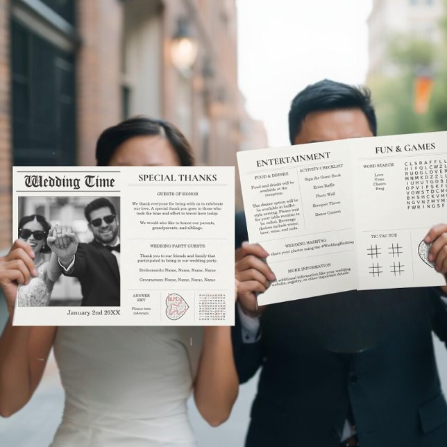 Invitación Periódico de Boda Personalizado - Libro de Activid (Custom Wedding Newspaper Party Games)