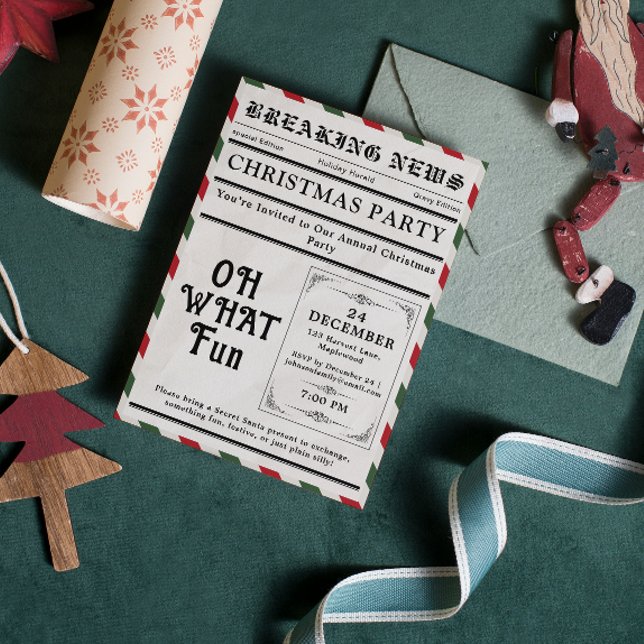 Invitación Periódico de fiesta de Navidad Oh Qué Diversión (Oh What Fun Newspaper Christmas Party Invitation)