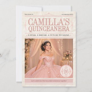 Invitación Periódico de Fotos de Quinceañera Rosa Elegante