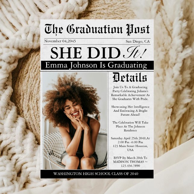 Invitación Periódico de graduación Foto única de Personalizad (Subido por el creador)