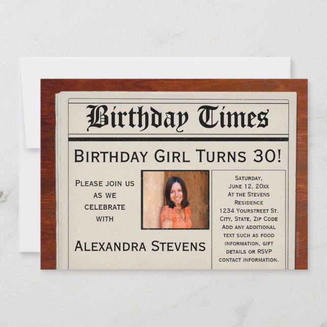 Invitación Periódico de la fiesta de cumpleaños de la foto pe (Anverso)