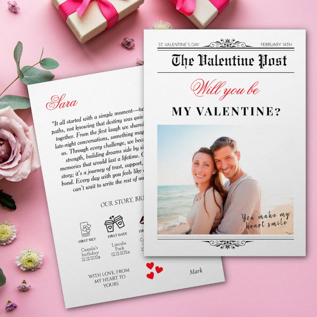Invitación Periódico día de San Valentín Timeline Our Love St (Valentines Day Newspaper Timeline Our Love Story Invitation)