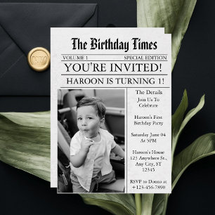 Invitación Periódico Fiesta de Cumpleaños Única y Divertida F
