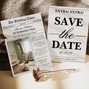 Invitación Periódico Foto Divertida Única Cumpleaños número 2