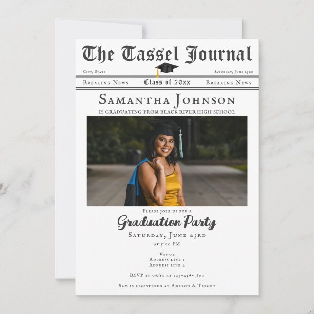 Invitación Periódico moderno Tassel 2 Fotos Partido de Gradua (Anverso)