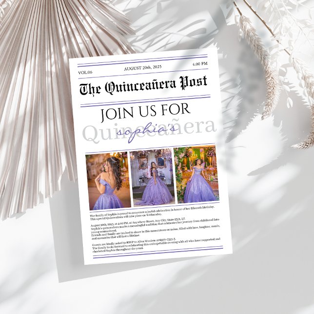 Invitación Periódico púrpura y moderno Quinceañera (Subido por el creador)