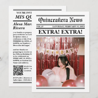 Invitación Periódico Quinceañera Código QR de Foto Moderna El
