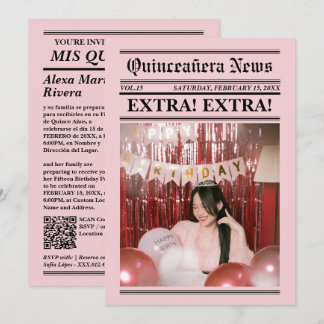 Invitación Periódico Quinceañera Código QR de Foto Moderna El