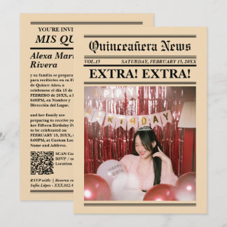 Invitación Periódico Quinceañera Código QR de Foto Moderna y