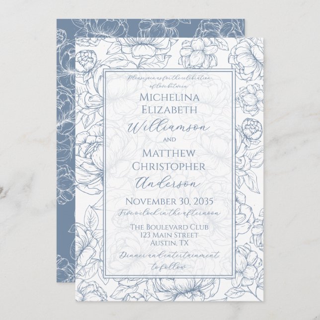 Invitación Periwinkle Blue Elegant Hand-Drawn Floral Wedding  (Anverso / Reverso)