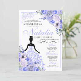 Invitación Periwinkle Blue Floral Quinceanera Cumpleaños