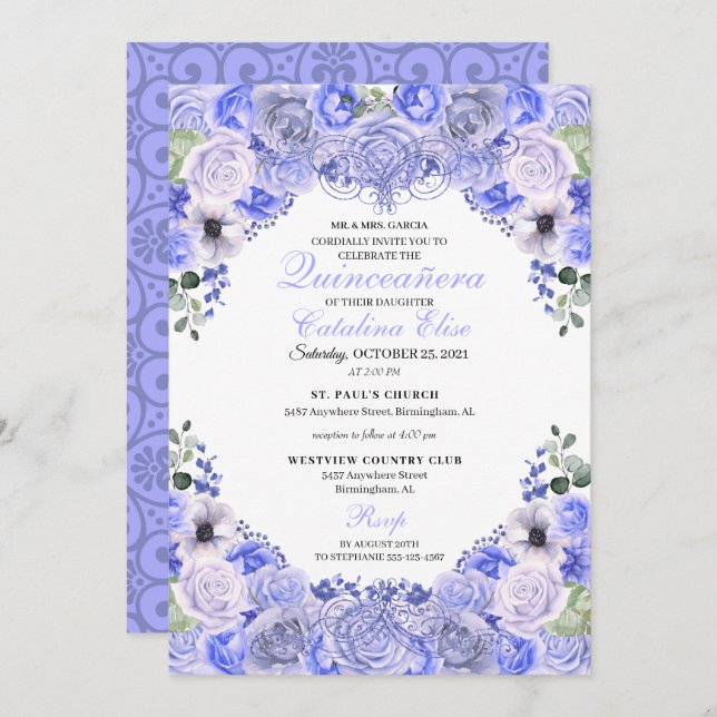 Invitación Periwinkle Blue Floral Quinceanera Cumpleaños (Anverso / Reverso)