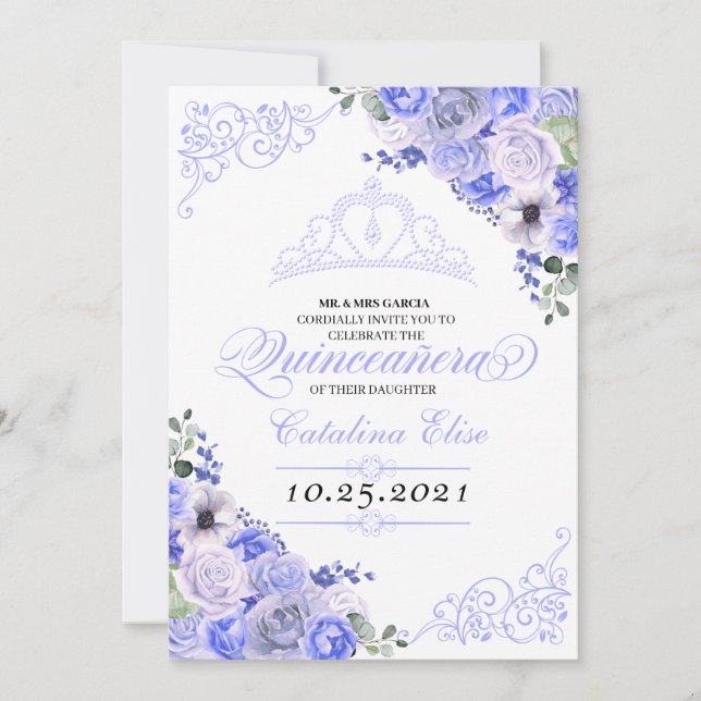 Invitación Periwinkle Blue Floral Quinceanera Cumpleaños (Anverso)