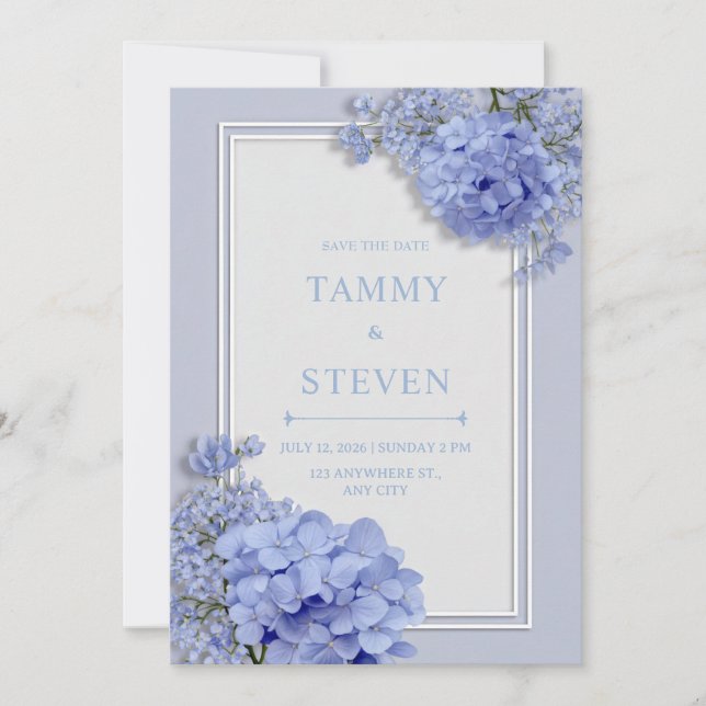 Invitación Periwinkle Blue Hydrangea Botanical Frame Wedding (Anverso)