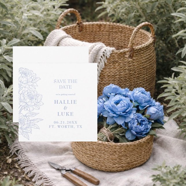 Invitación Periwinkle Blue Peony Wedding Square Save the Date (Subido por el creador)