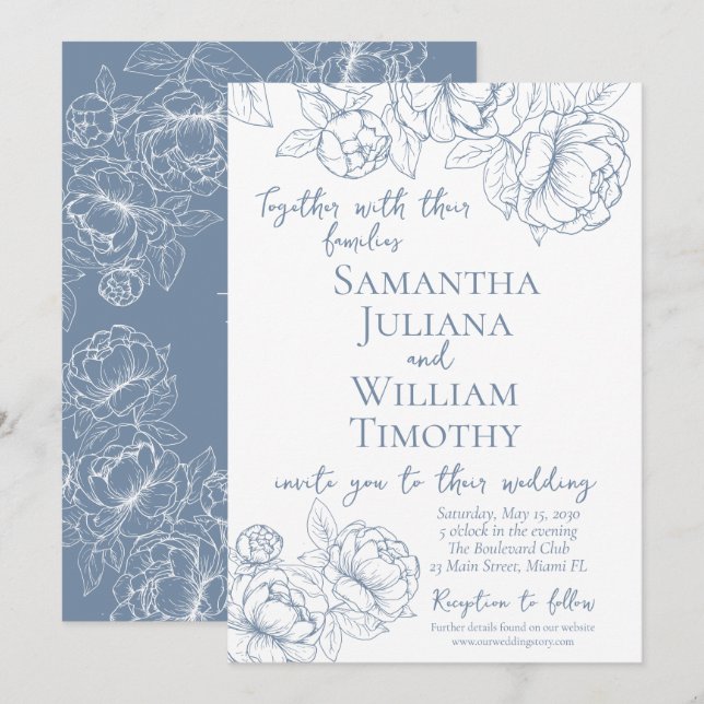 Invitación Periwinkle Botánico Boda moderno elegante con flor (Anverso / Reverso)