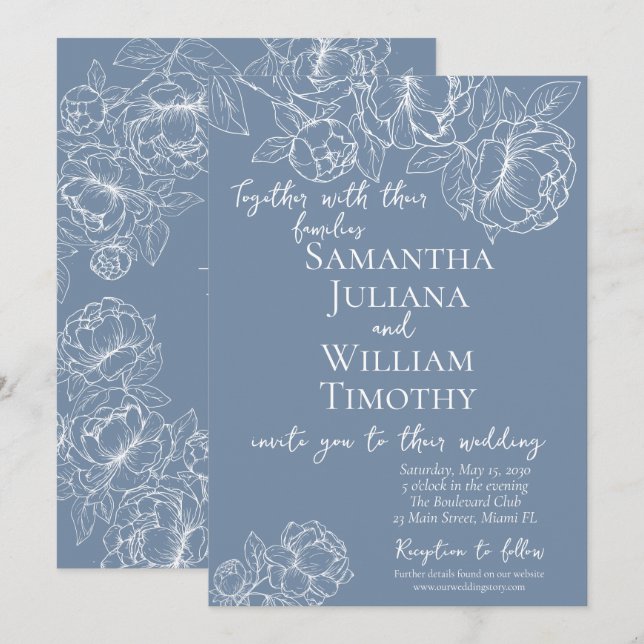 Invitación Periwinkle Botánico Boda moderno elegante con flor (Anverso / Reverso)