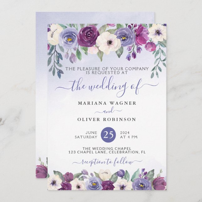 Invitación Periwinkle Fuchsia Rubor Watercolor Floral Boda (Anverso / Reverso)