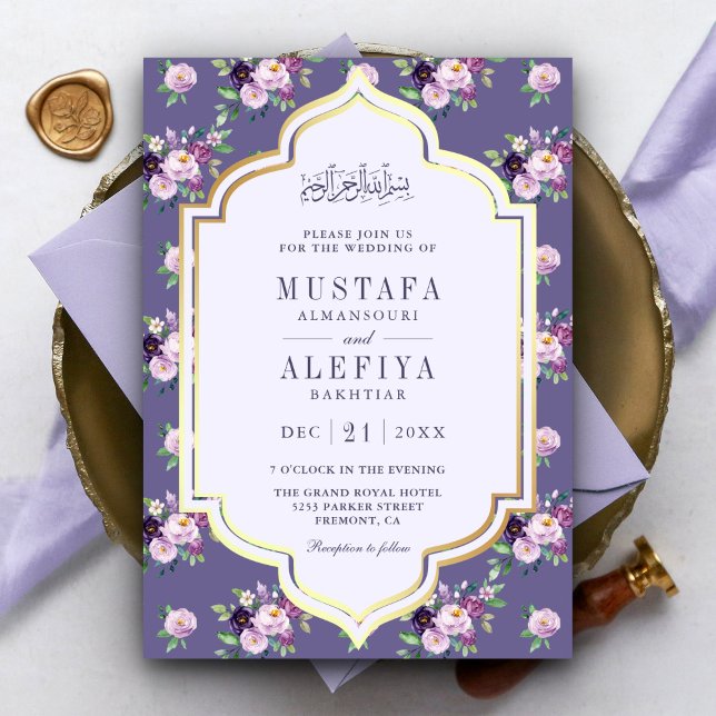 Invitación Periwinkle Gold Morple Floral Boda musulmana (Subido por el creador)