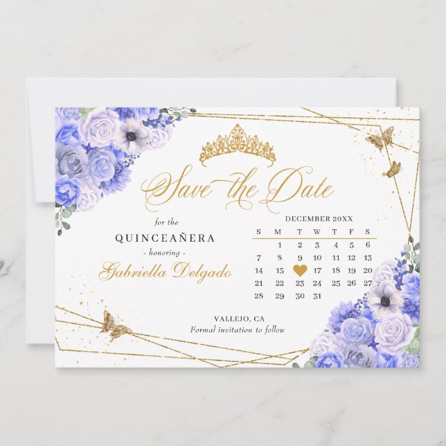 Invitación Periwinkle & Gold Quinceañera Guardar la fecha (Anverso)
