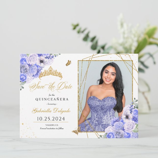 Invitación Periwinkle & Gold Quinceañera Guardar la foto de f (Anverso de pie)
