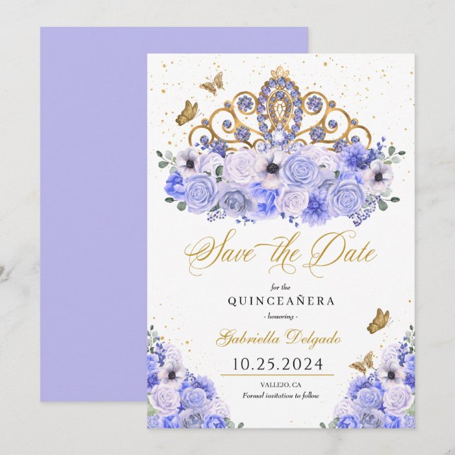 Invitación Periwinkle & Gold Tiara Salven La Fecha Quinceañer (Anverso / Reverso)