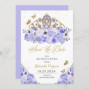 Invitación Periwinkle & Gold Tiara Salven La Fecha Quinceañer
