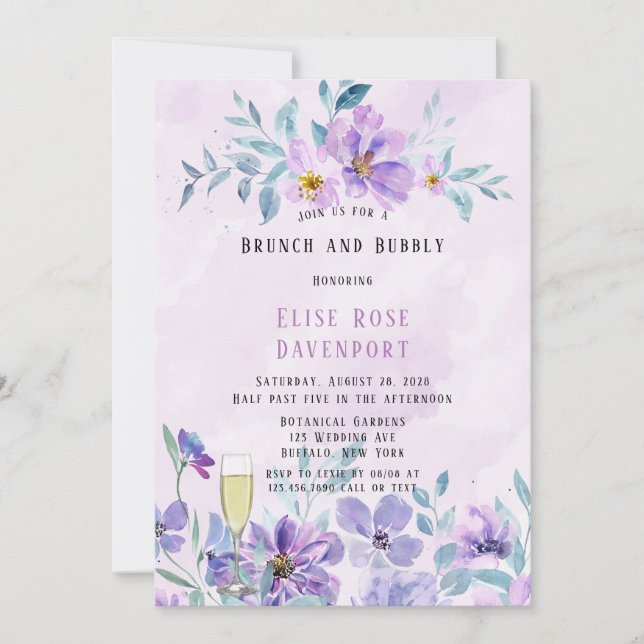 Invitación Periwinkle Lilac Peony Wreath Brunch y Bubbly In (Anverso)