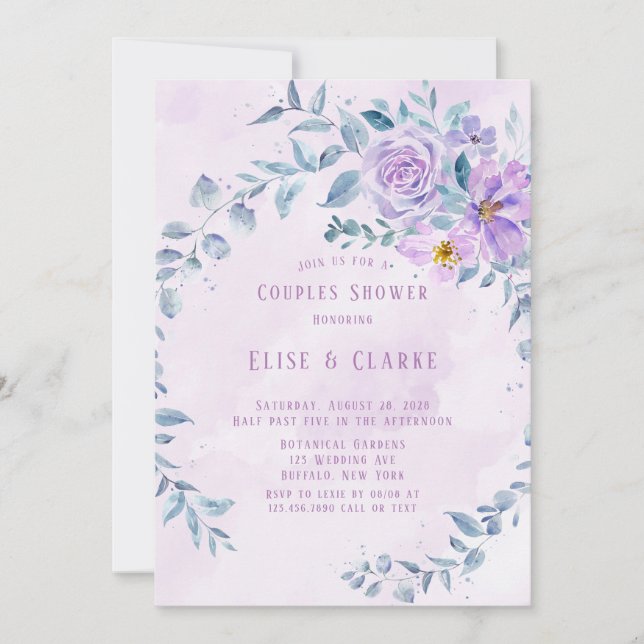 Invitación Periwinkle Lilac Peony Wreath Parejas Ducha (Anverso)