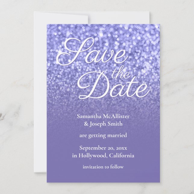 Invitación Periwinkle Ombre Purpurina Guardar la fecha (Anverso)