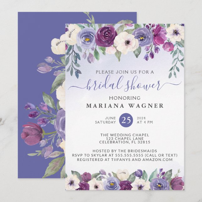 Invitación Periwinkle Purple Fuchsia Floral Bridal Shower Inv (Anverso / Reverso)