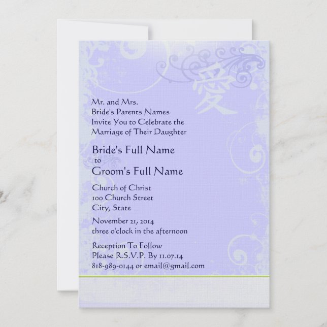 Invitación Periwinkle Purple Kanji Love Swirl Boda (Anverso)