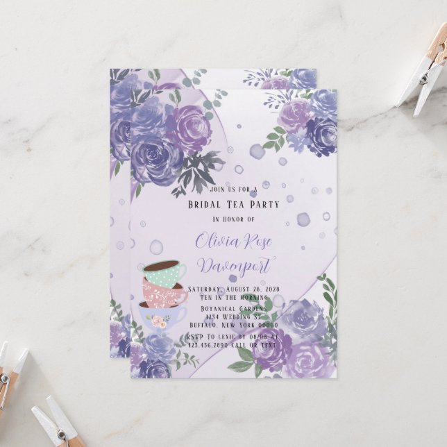 Invitación Periwinkle Purple Peony Alcohol Bridal Tea Fiesta (Anverso/Reverso In Situ)