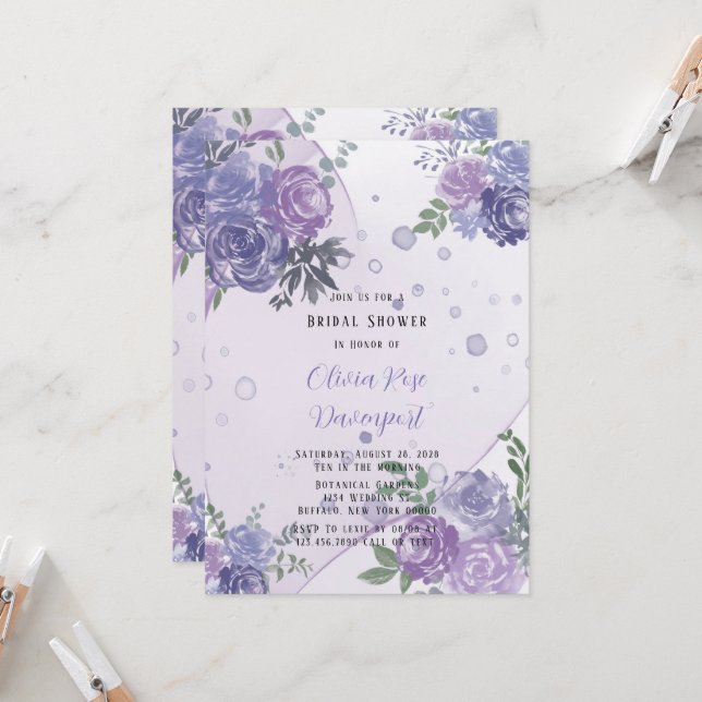 Invitación Periwinkle Purple Peony Ducha de novias con tinta  (Anverso/Reverso In Situ)