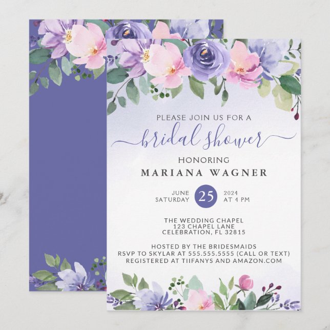 Invitación Periwinkle Purple Pink Floral Bridal Shower Invita (Anverso / Reverso)