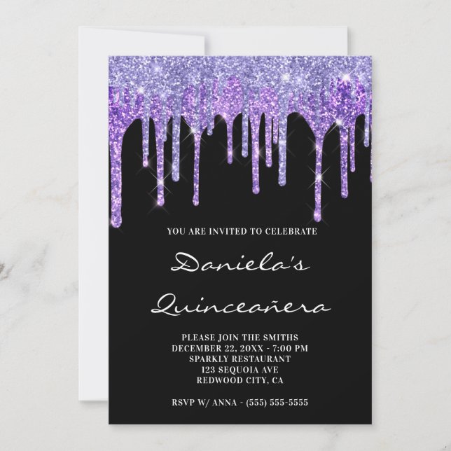 Invitación Periwinkle Purple Purpurina gotea Black Quinceañer (Anverso)