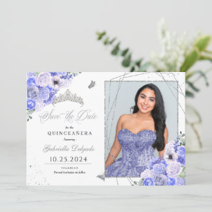 Invitación Periwinkle Silver Quinceañera Guardar la foto de f