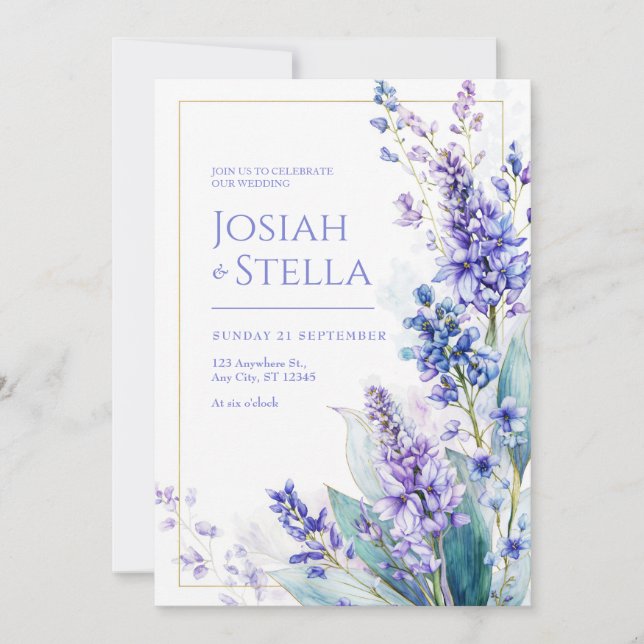 Invitación Periwinkle Watercolor Muscari Gold Frame Wedding (Anverso)