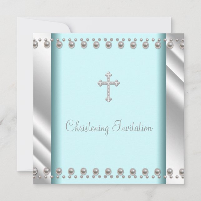 Invitación Perla azul turquesa Cruz Bautizo de bebé (Anverso)
