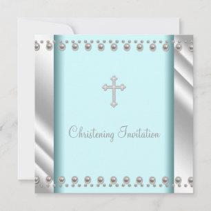 Invitación Perla azul turquesa Cruz Bautizo de bebé