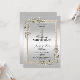 Invitación Perla Brillo y Purpurina y Plata 1er Matrimonio
