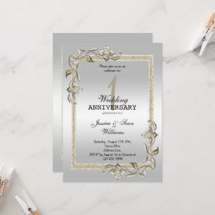 Invitación Perla Brillo y Purpurina y Plata 1er Matrimonio