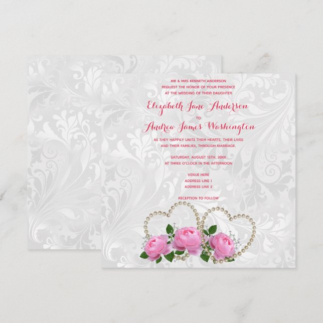 Invitación Perla Corazones y Rosas Damasco Boda (Anverso / Reverso)