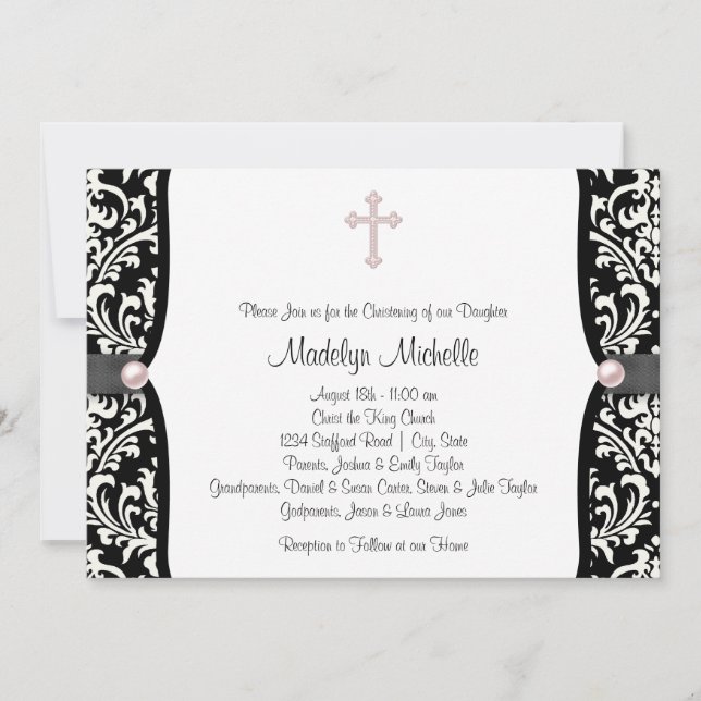 Invitación Perla Cruz Rosa Negro Damasco Bautizo (Anverso)